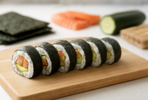 Sushi roll ala restoran Jepang dengan isian salmon dan alpukat di atas talenan kayu