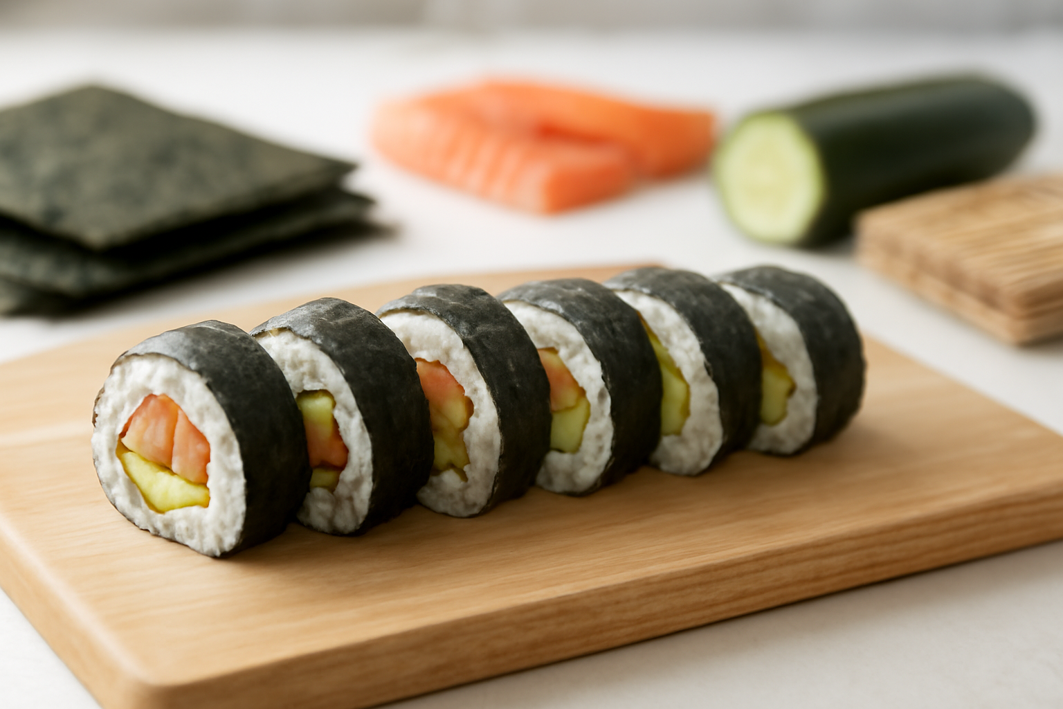 Sushi roll ala restoran Jepang dengan isian salmon dan alpukat di atas talenan kayu