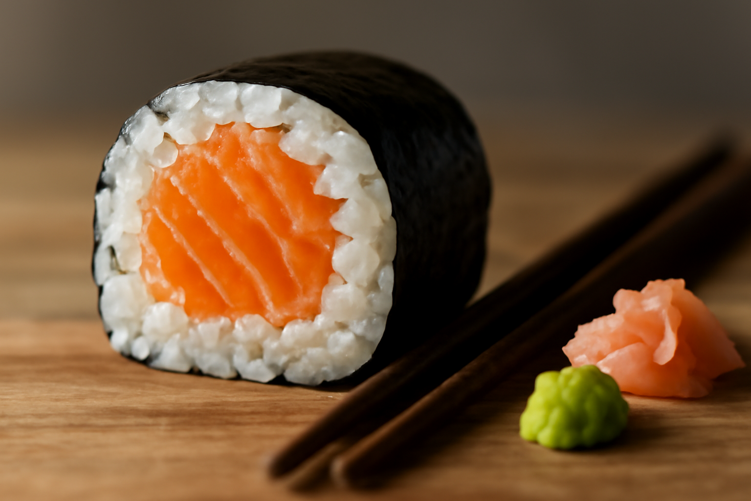 Sushi roll isi salmon yang dipotong rapi di atas papan kayu