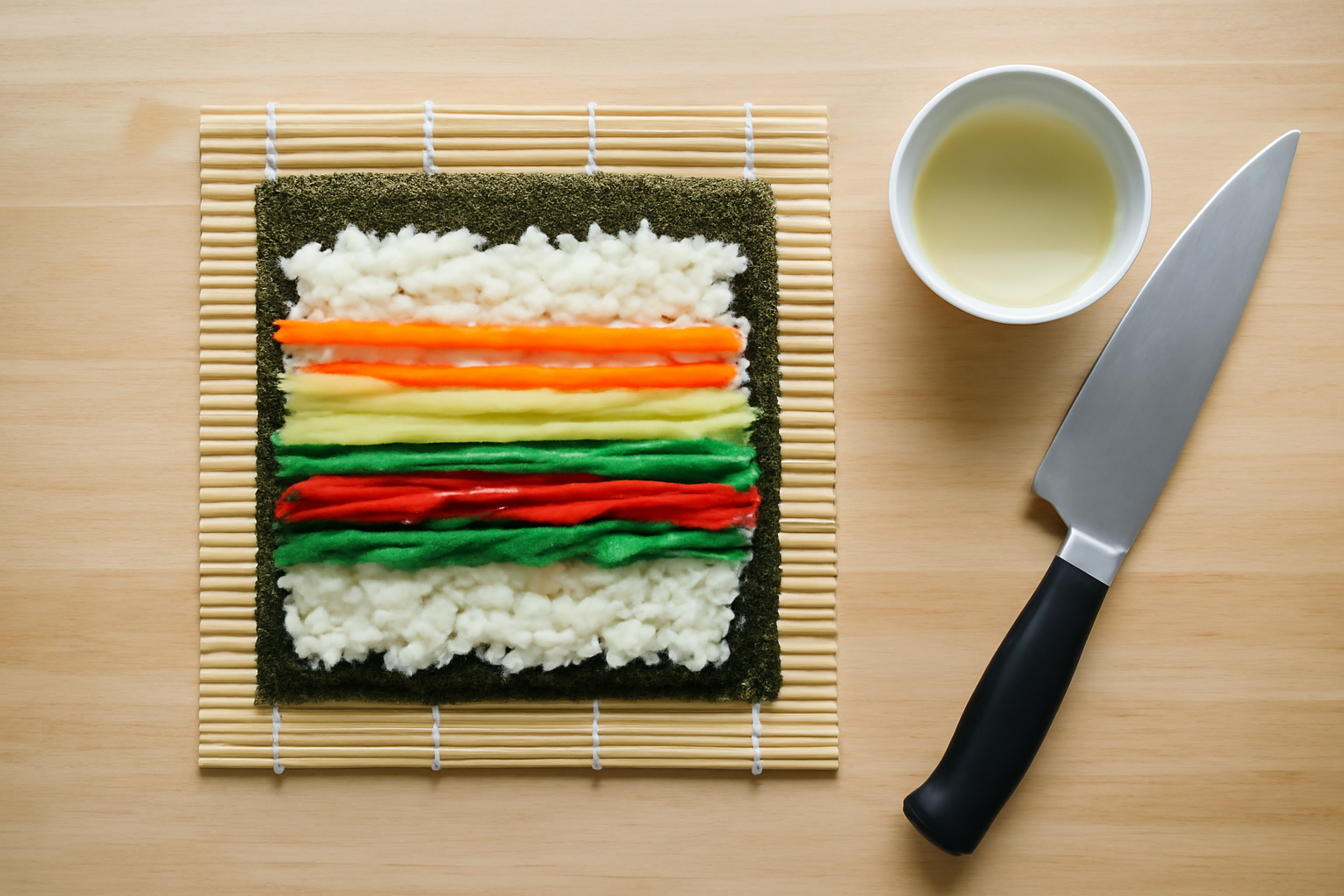 Mat bambu dengan nori, nasi sushi, dan irisan wortel, timun, serta paprika untuk membuat sushi roll isi sayuran
