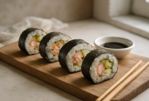 Sushi roll isi udang yang dipotong rapi di atas talenan kayu dengan saus kecap