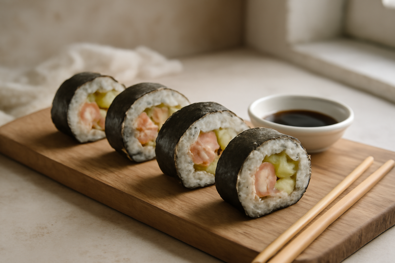 Sushi roll isi udang yang dipotong rapi di atas talenan kayu dengan saus kecap
