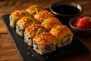 Sushi roll panggang berbalut olesan saus keemasan disajikan di piring batu dengan kecap asin