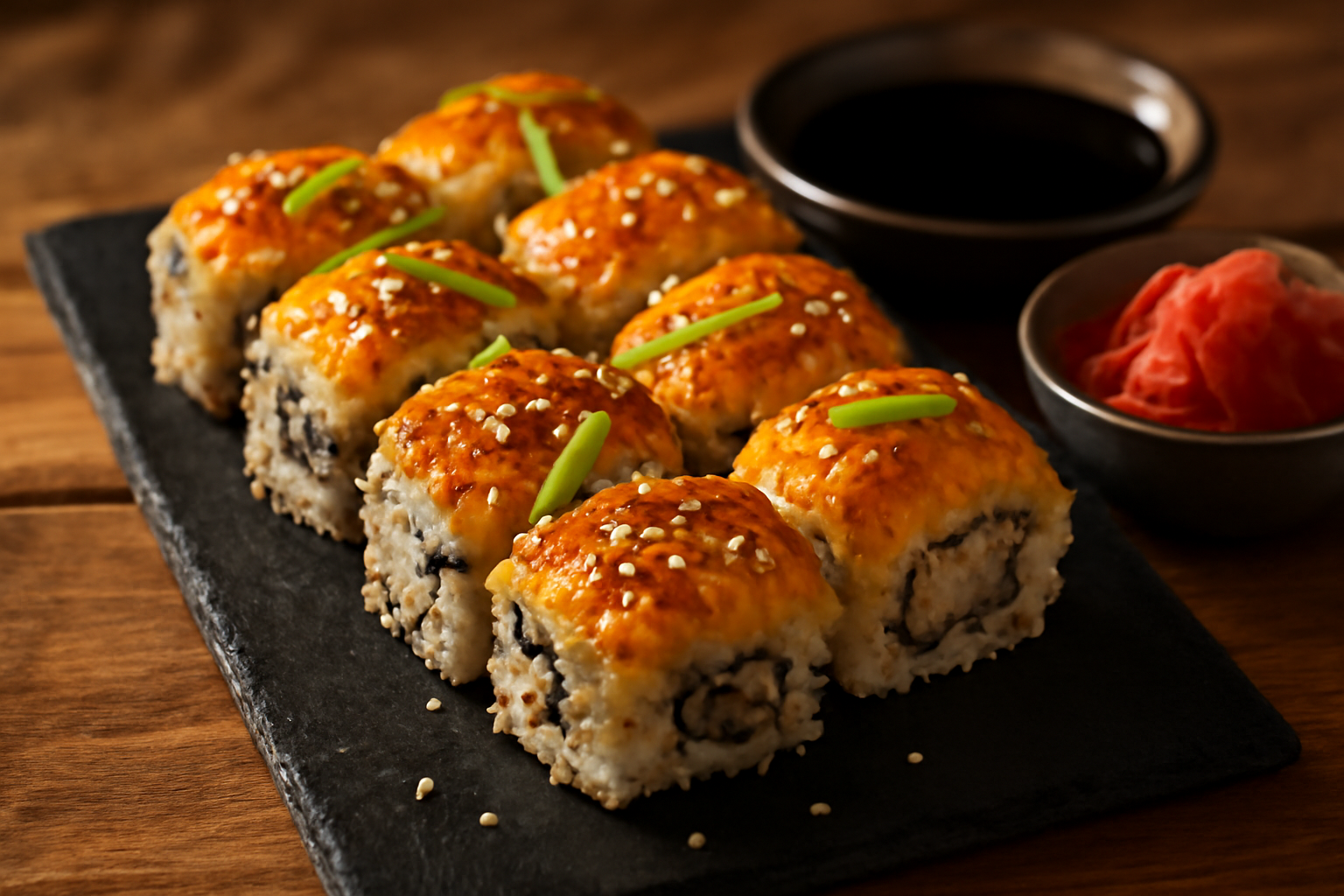 Sushi roll panggang berbalut olesan saus keemasan disajikan di piring batu dengan kecap asin