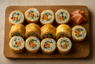 Sushi roll tanpa nori yang dibungkus kulit tahu dan telur dadar, disajikan di papan kayu
