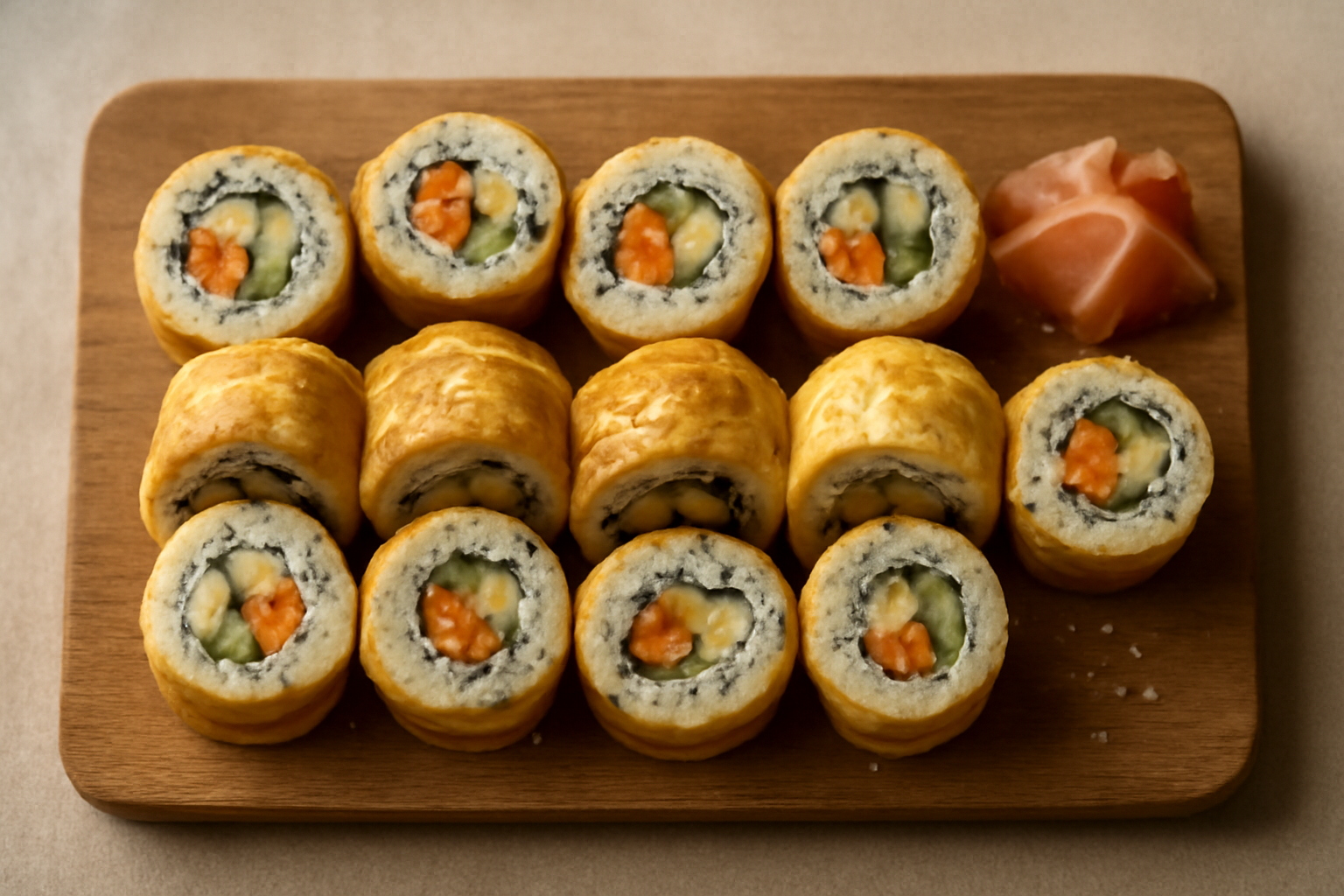 Sushi roll tanpa nori yang dibungkus kulit tahu dan telur dadar, disajikan di papan kayu
