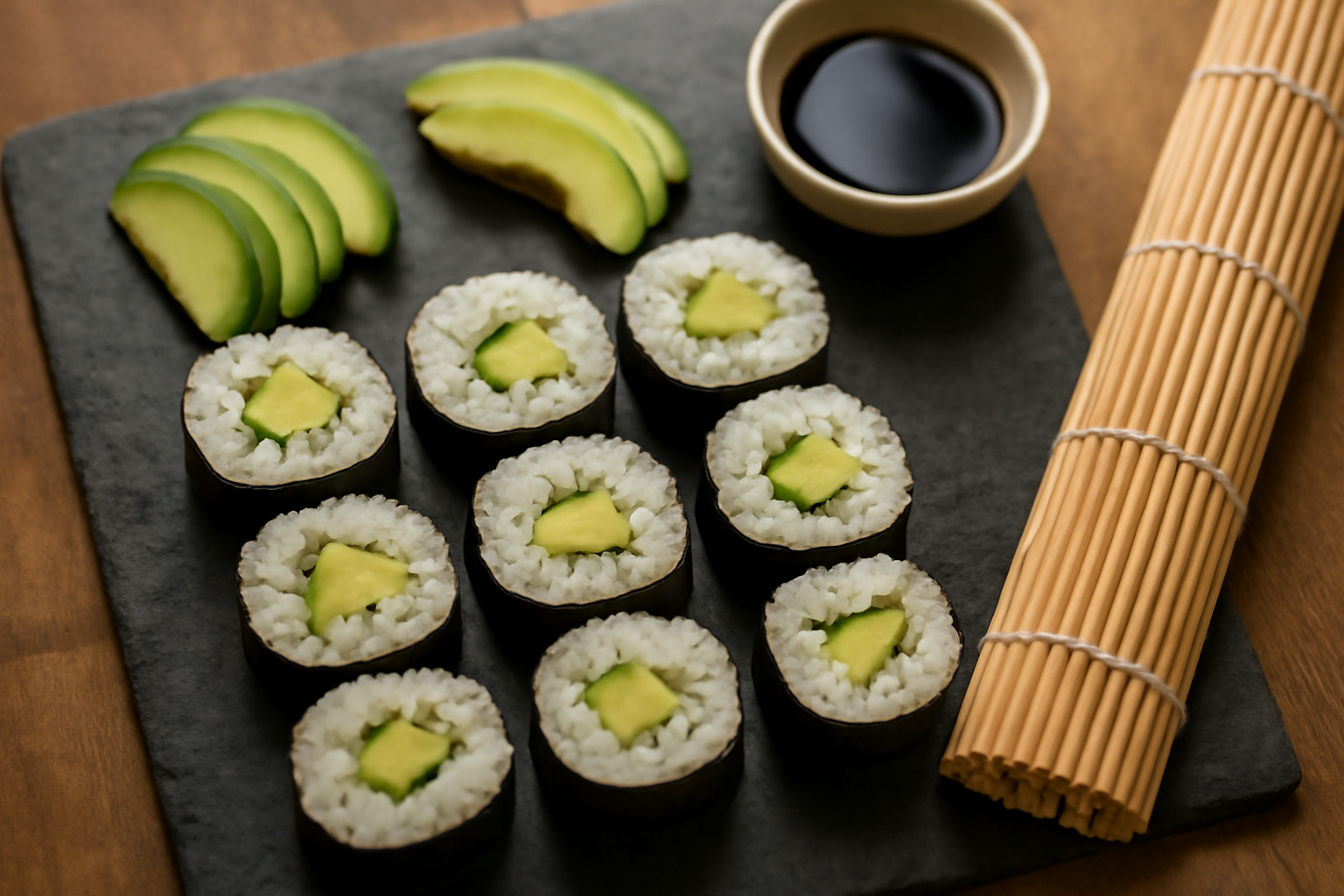 Sushi roll buatan rumah yang sudah dipotong dan ditata di atas piring batu, ditemani tikar bambu dan kecap asin