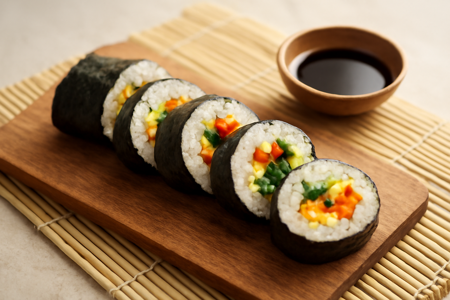 Sushi roll isi telur dan sayur yang sudah dipotong di atas talenan kayu