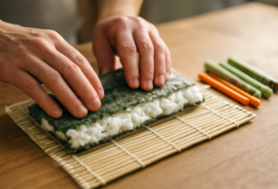 Tangan melipat sushi roll di atas mat bambu yang dilapisi plastik