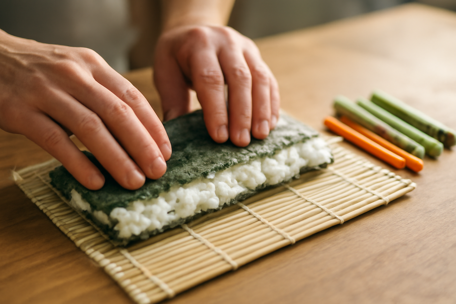 Tangan melipat sushi roll di atas mat bambu yang dilapisi plastik