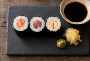 Tiga potongan sushi roll dengan isian salmon, tuna, dan udang di atas papan saji