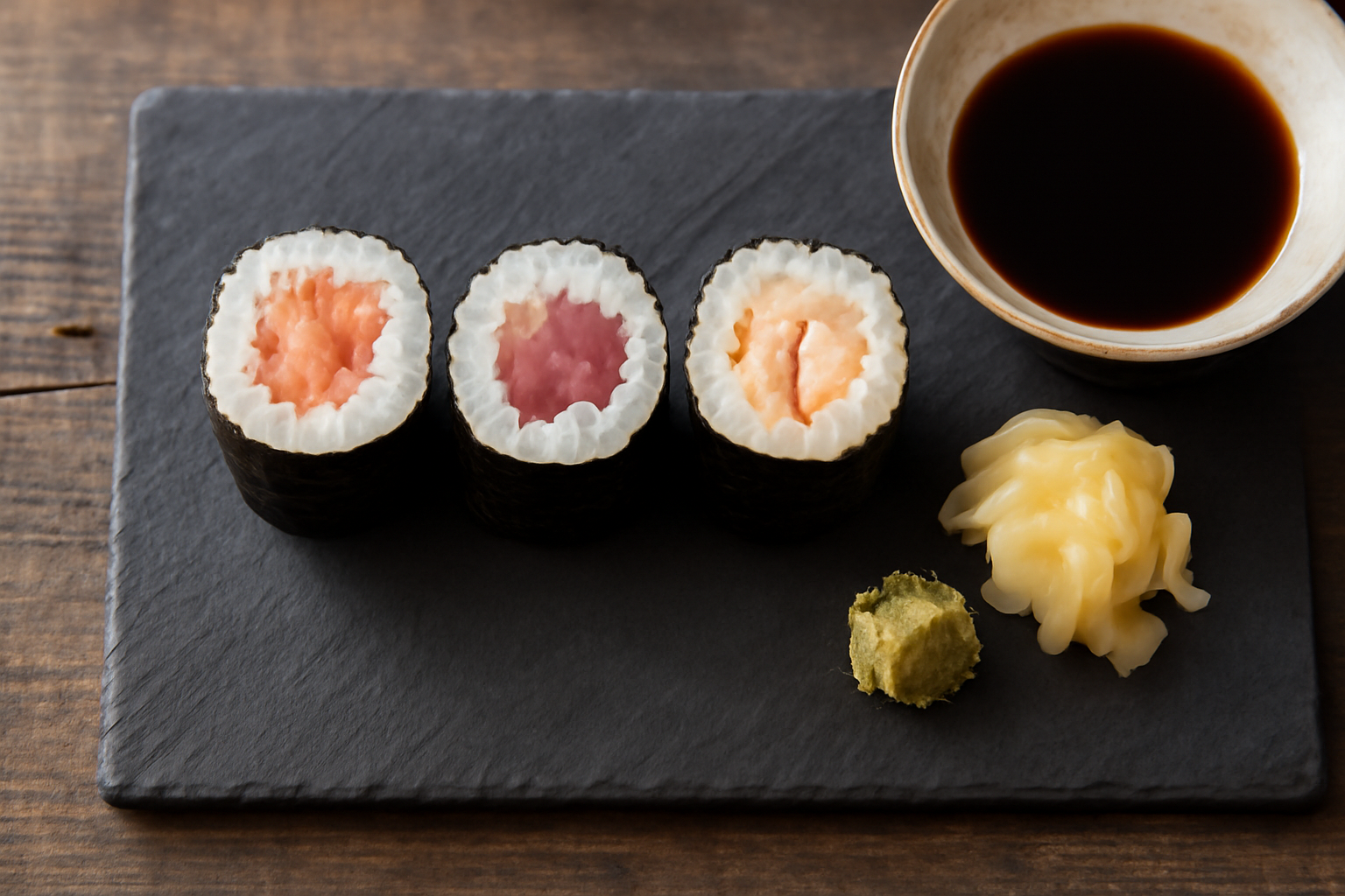 Tiga potongan sushi roll dengan isian salmon, tuna, dan udang di atas papan saji
