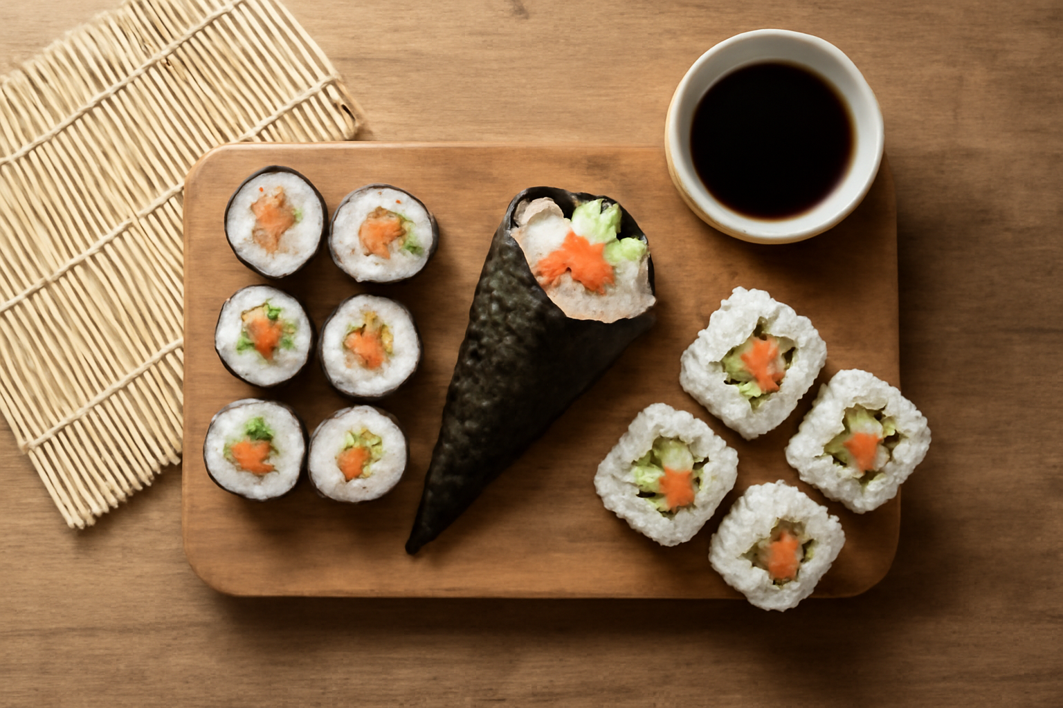 Tiga jenis sushi roll rumahan: maki, temaki, dan uramaki di atas talenan kayu