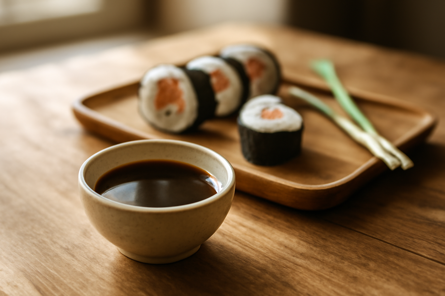 Mangkuk kecil berisi saus sushi rumahan di samping sushi roll di atas talenan kayu